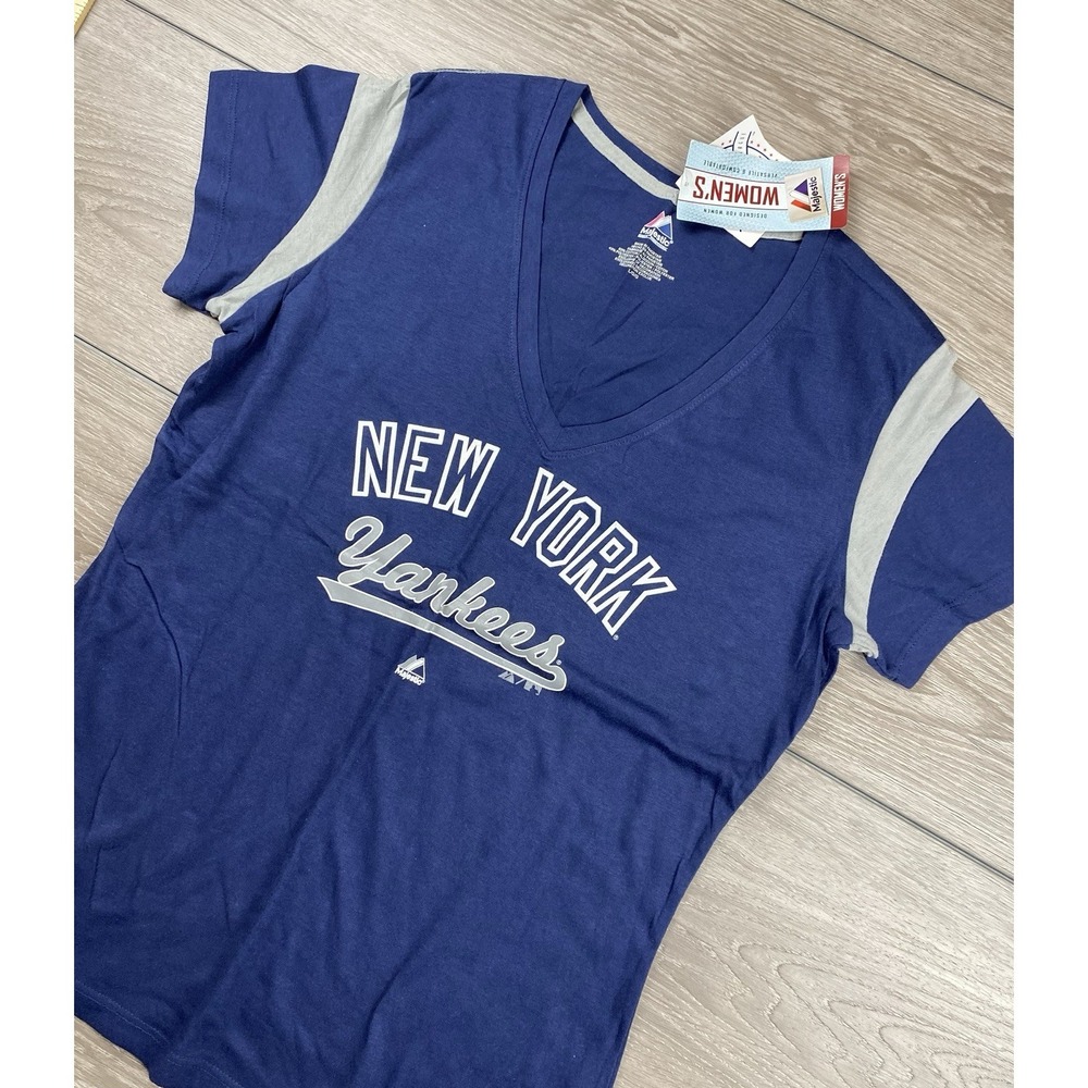 Majestic Women's MLB New York Yankees Logo Print T Shirt Blue Size Large New